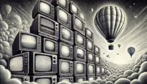 "Surreal pencil sketch of a haphazard stack of old CRT televisions with faint static on their screens, set against a backdrop featuring a whimsical hot air balloon floating in the sky, evoking a mix of nostalgia and introspection."