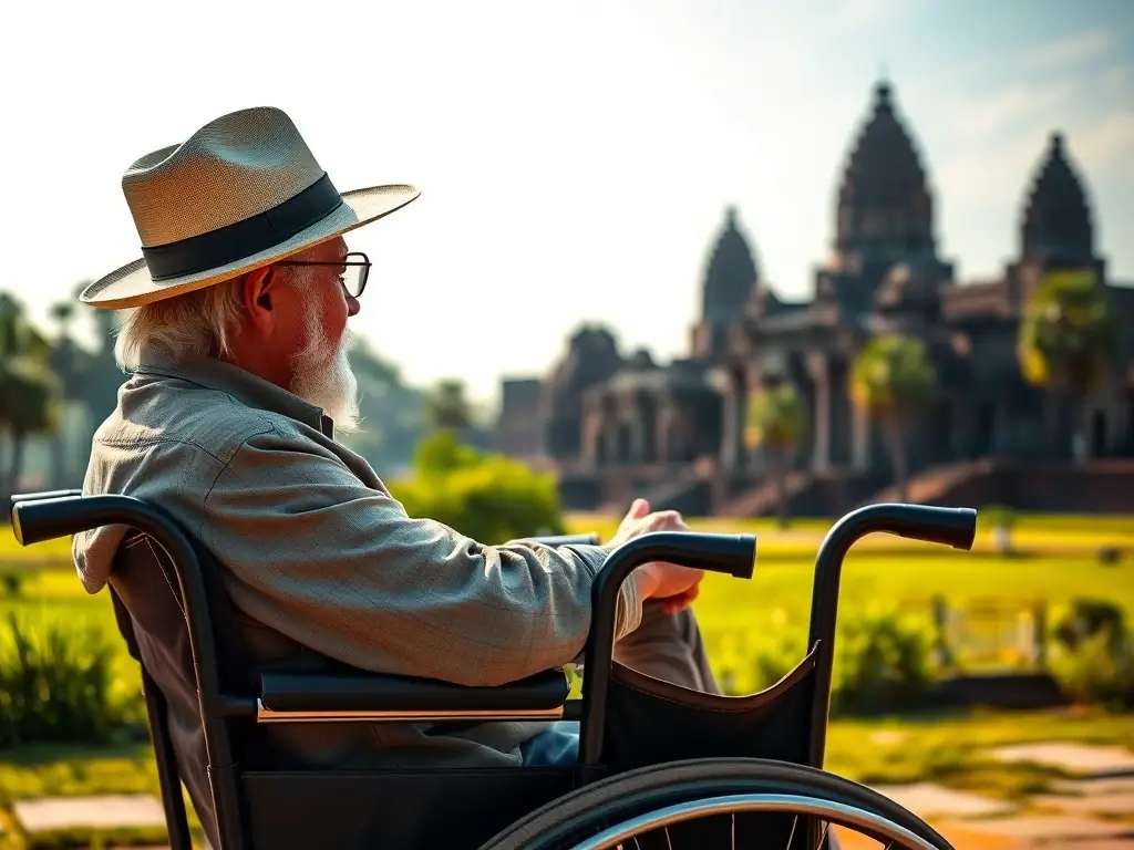 An image of a senior traveler comfortably exploring the ancient temples of Angkor Wat in Cambodia, with accessible transportation options.
