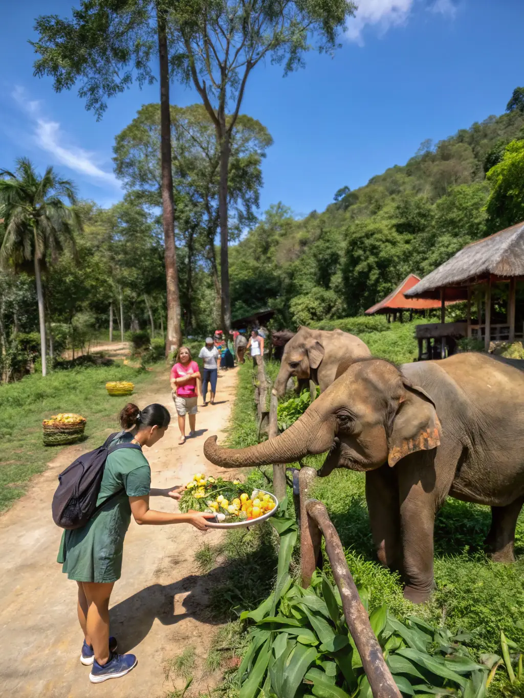 An inviting image of Chiang Mai, Thailand, featuring an elephant sanctuary where visitors can interact ethically with elephants, emphasizing responsible and enriching tourism.