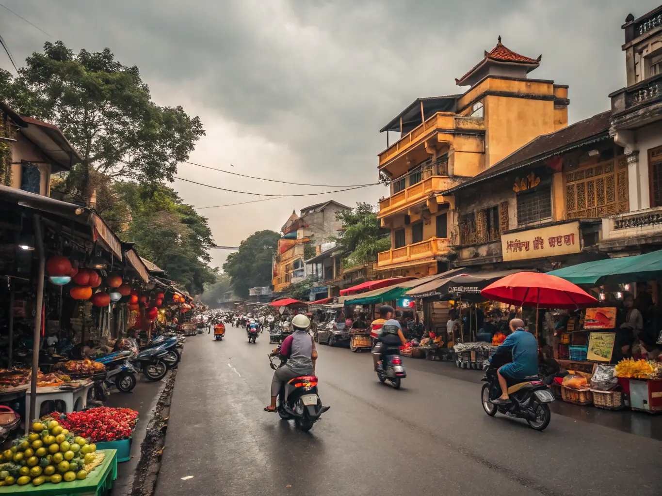 A photograph capturing the vibrant street life of Hanoi, Vietnam, with focus on accessible pathways and local cultural experiences.