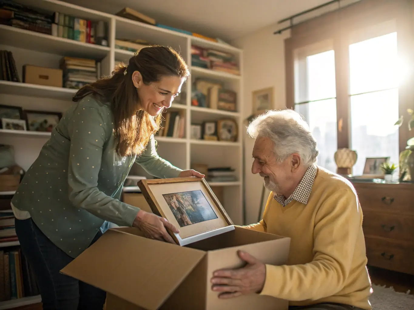 A mature couple smiles warmly as they pack a suitcase in a bright, airy room, focusing on lightweight clothing and travel-sized toiletries, representing smart packing strategies for older travelers.