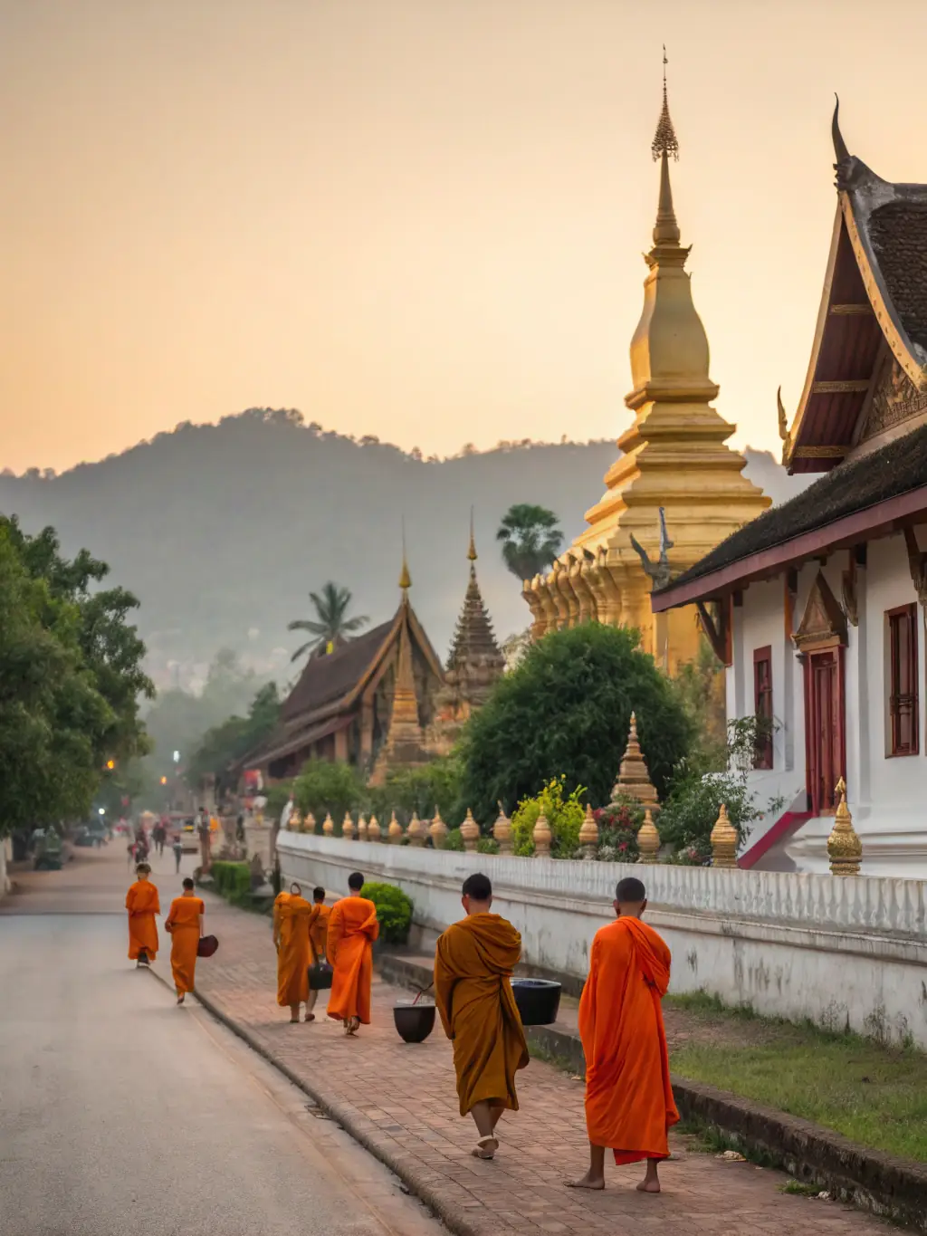 A serene image of Luang Prabang, Laos, featuring golden temples and monks walking peacefully at dawn, emphasizing the calm and spiritual atmosphere suitable for mature travelers.