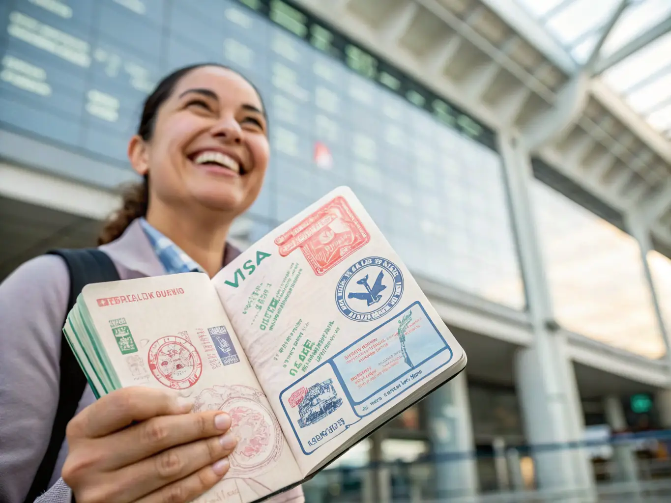 A traveler over 50 confidently presents their passport and visa at an immigration counter in a modern Southeast Asian airport, showcasing the importance of proper documentation.