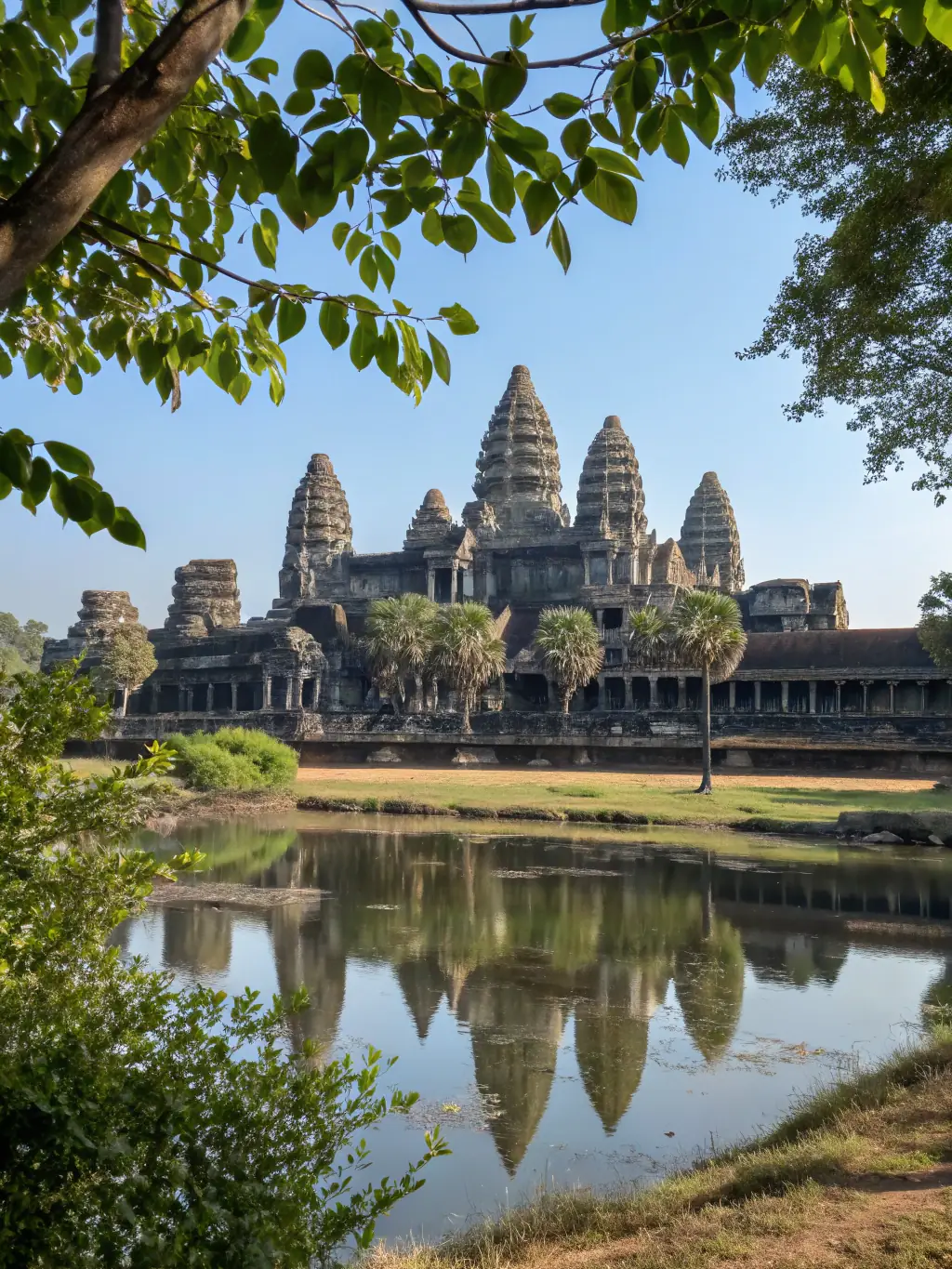A serene image of Angkor Wat in Cambodia, emphasizing its ancient architecture and cultural significance, suitable for senior travelers.