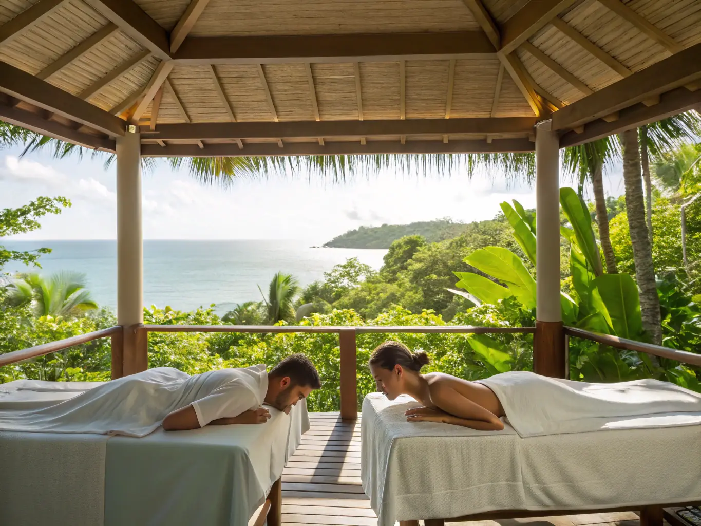 A serene image of a senior couple enjoying a traditional Thai massage in a luxurious spa setting, highlighting relaxation and wellness.